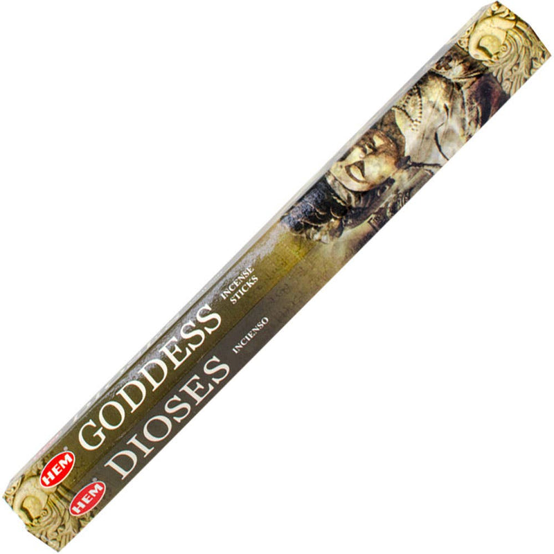A pack of Hem Hexagonal Goddess incense sticks with a gold and beige color scheme and floral patterns.