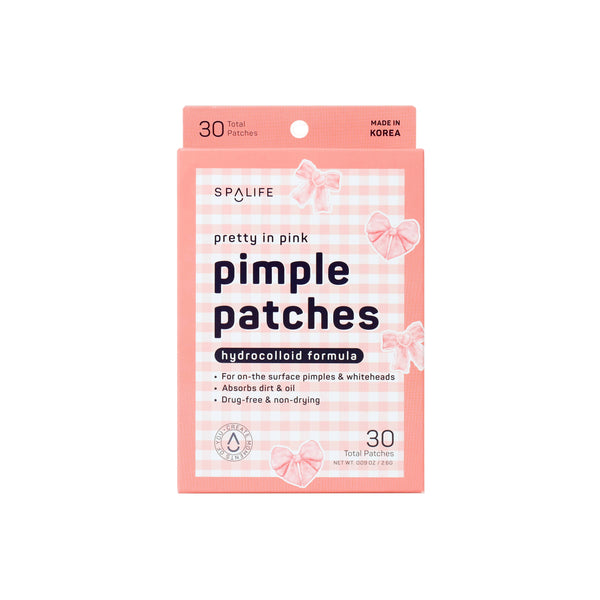Packaging for 'Pretty in Pink Hydrocolloid Pimple Patches' with a pink checkered design and floral patterns.