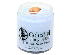 sky blue body butter in a 4 oz glass jar topped with a sunstone gemstone with a clear label that reads: Celestial Body Butter. Night woods & Sage.