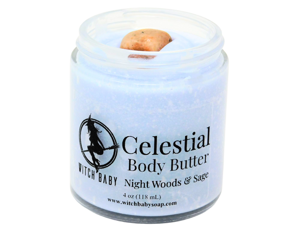 sky blue body butter in a 4 oz glass jar topped with a sunstone gemstone with a clear label that reads: Celestial Body Butter. Night woods & Sage.