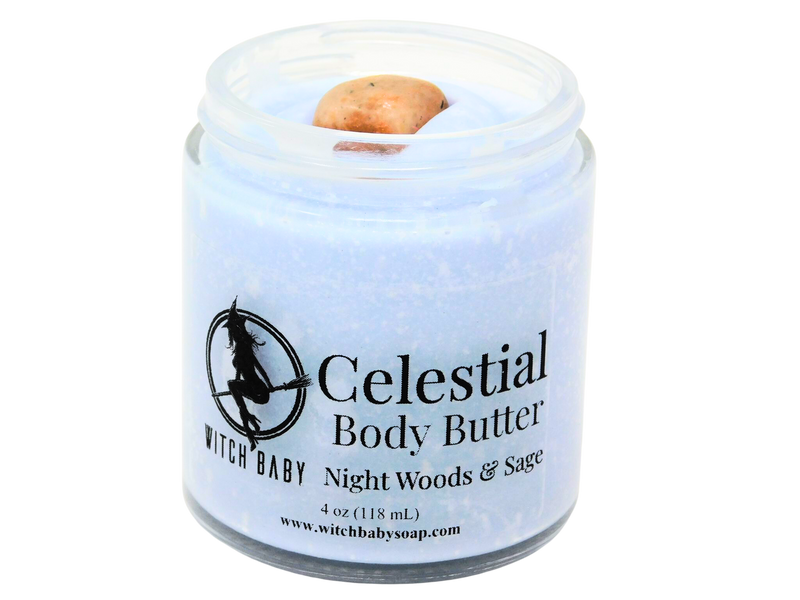 sky blue body butter in a 4 oz glass jar topped with a sunstone gemstone with a clear label that reads: Celestial Body Butter. Night woods & Sage.