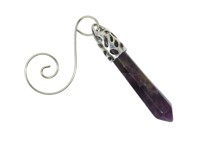 Amethyst crystal pendant with silver spiral on a white background