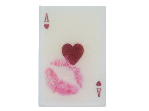 ace of hearts image soap with pink lipstick kiss mark on it