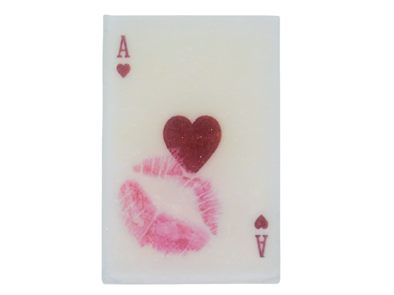 ace of hearts image soap with pink lipstick kiss mark on it