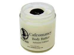 white body butter in 4 oz glass jar with clear label that reads: Cafeomancy Body Butter. Autumn Edition.