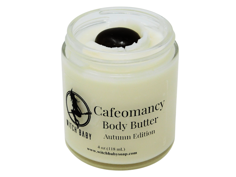 white body butter in 4 oz glass jar with clear label that reads: Cafeomancy Body Butter. Autumn Edition.