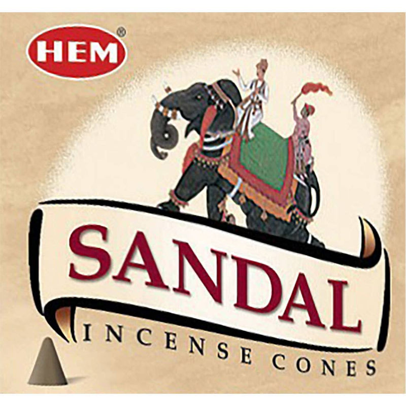 A package of Hem incense cones with a sandalwood scent, featuring an illustration of an elephant and a banner.