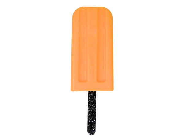 orange ice pop shaped soap with black acrylic glittery reusable stick