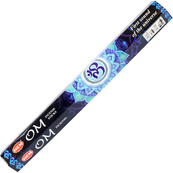 A pack of Hem Hexagonal Pack Incense 20 Gr Om (Pk 6) with a blue and purple design featuring a hexagonal shape and the OM symbol.
