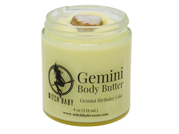 yellow body butter topped with botswana agate packaged in 4 oz glass jar with label that reads: Gemini Body Butter. Gemini Birthday Cake. 