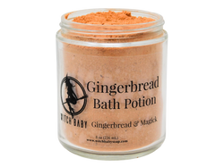 brown bath potion inside 8 oz glass jar with label that reads: gingerbread bath potion. gingerbread and magick. 