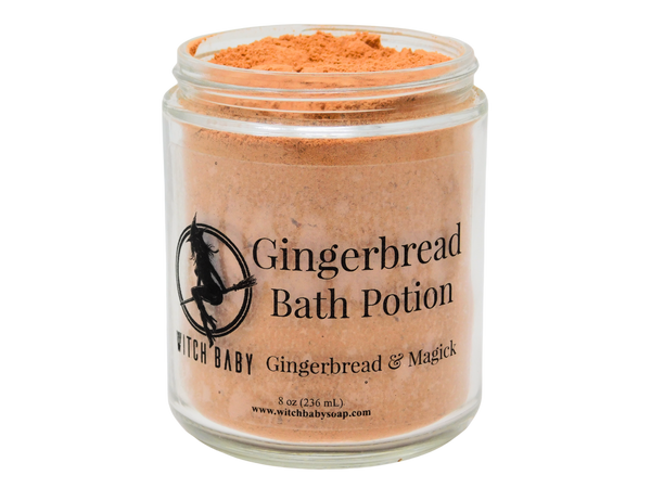 brown bath potion inside 8 oz glass jar with label that reads: gingerbread bath potion. gingerbread and magick. 