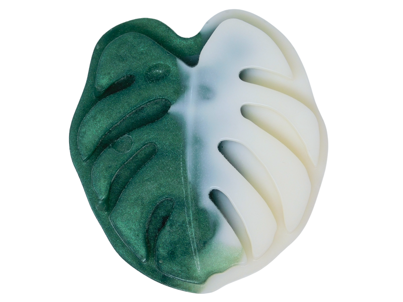 green witch soap shaped like a monster leaf colored in green and white
