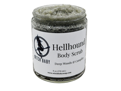 charcoal gray sugar scrub in 8 oz glass jar with white label that reads: Hellhound Body Scrub. Deep Woods & Campfire.