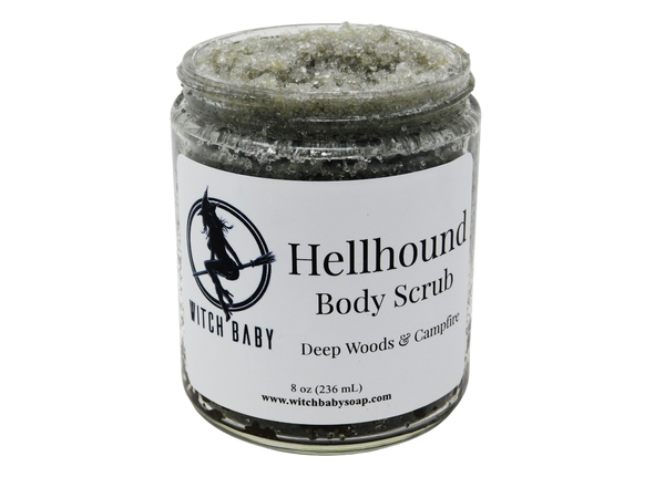 charcoal gray sugar scrub in 8 oz glass jar with white label that reads: Hellhound Body Scrub. Deep Woods & Campfire.