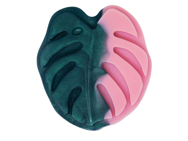 pink and green monstera leaf soap
