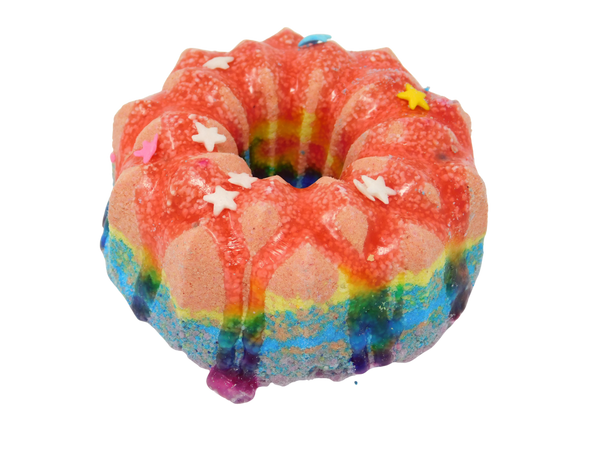 leo birthday cake shaped like a bundt cake in rainbow colors with soapy glaze and rainbow star sprinkles,