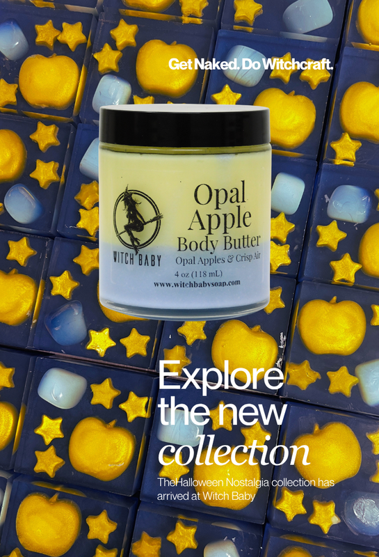 A jar of Witch Baby Opal Apple Body Butter is centered over a grid of decorative soap squares in dark blue, yellow, and light blue, with promotional text overlays.