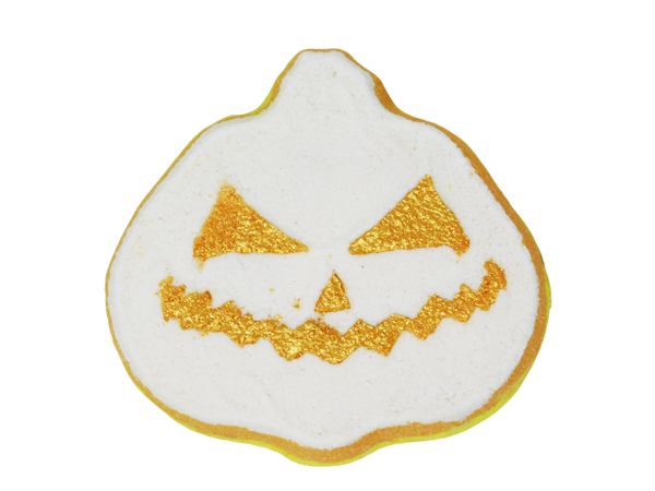 white jackolantern shaped bath bomb with gold eyes nose and mouth