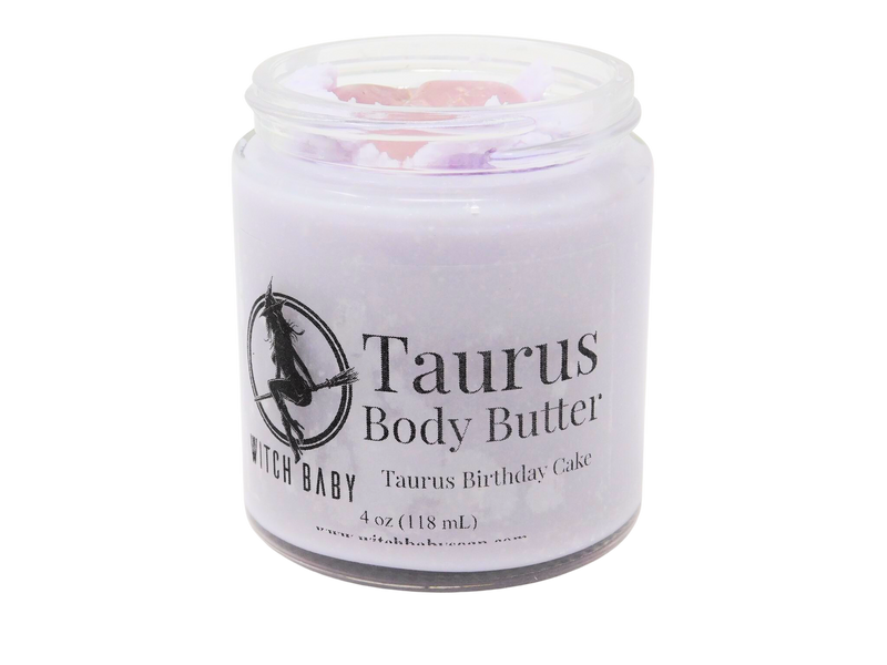 Light purple body butter topped with a rose quartz packaged in a 4 oz glass jar with a label that reads: Taurus Body Butter. Taurus Birthday Cake.