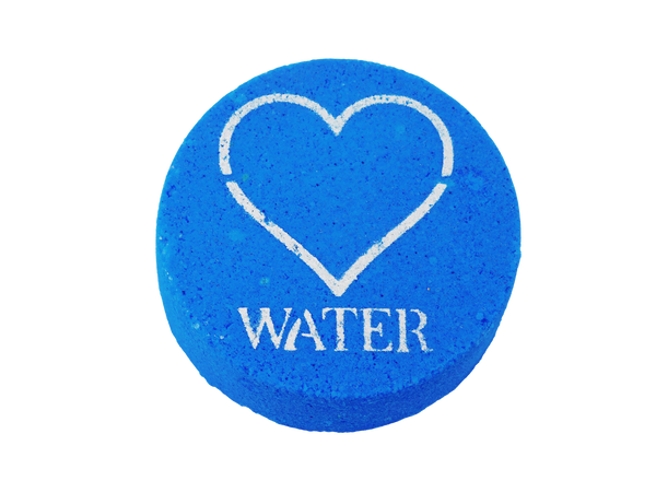 blue circle heart bath bomb with a heart the  and the word WATER in pearly white glitter