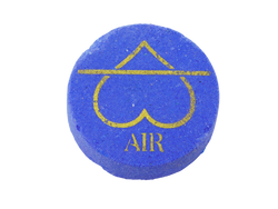 dark periwinkle circle bath bomb with air symbol in gold on it in the shape of a heart instead of a triangle and it says AIR beneath it