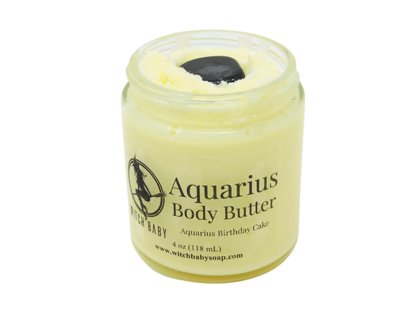 yellow body butter packaged in 4 oz glass jar with a label that reads: Aquarius Body Butter. Aquarius Birthday Cake.