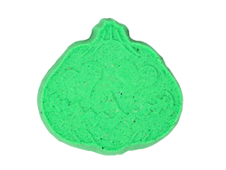 Green colored pumpkin shaped bath bomb with a jackolantern face and heart eyes