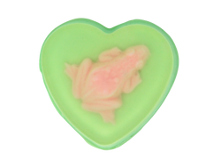 heart shaped pastel green soap with a pink pastel frog embedded on top 