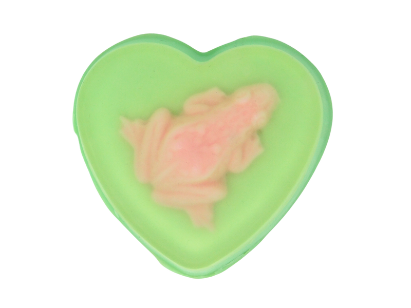 heart shaped pastel green soap with a pink pastel frog embedded on top 