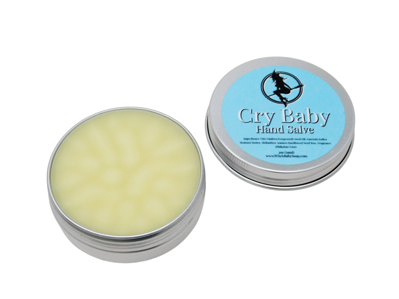 2 oz aluminum tin of Cry Baby hand salve with pastel blue circular label