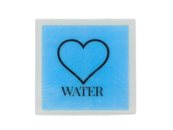 square soap with blue background and a heart with text under it that says WATER