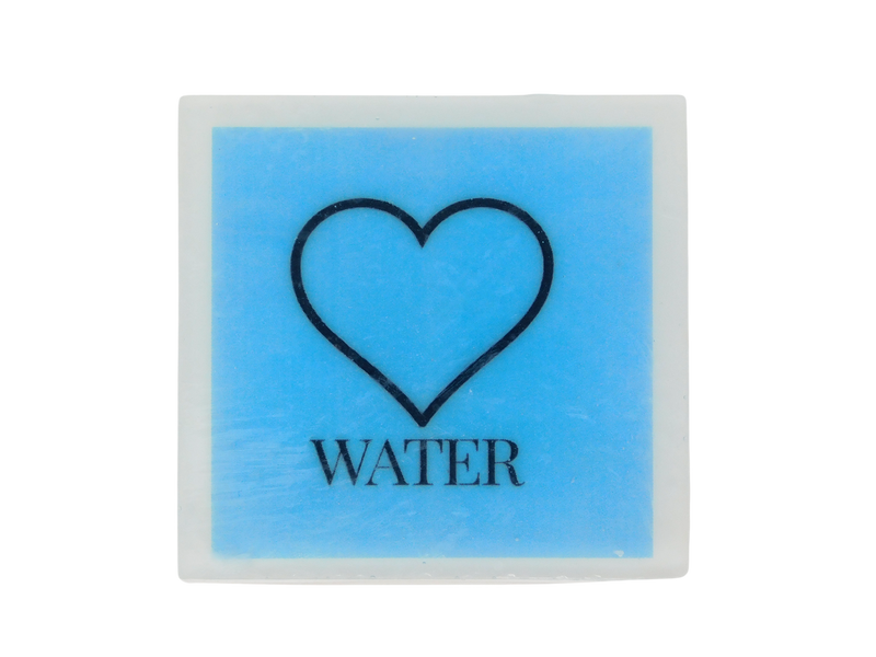 square soap with blue background and a heart with text under it that says WATER