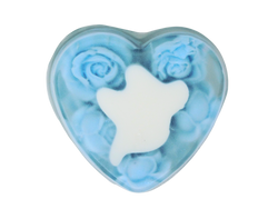 Clear heart shaped soap filled with pastel blue roses and a white ghost in the center.