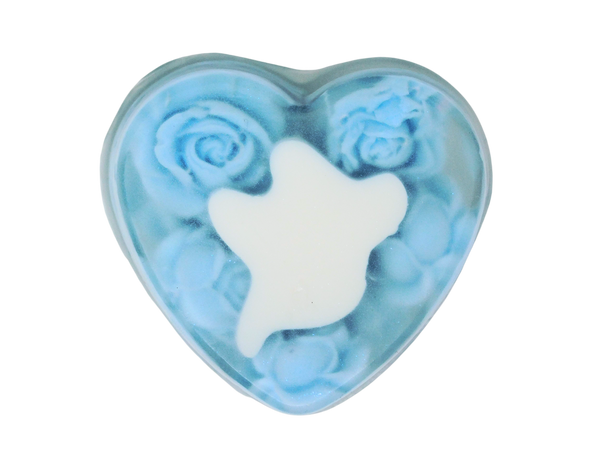 Clear heart shaped soap filled with pastel blue roses and a white ghost in the center.