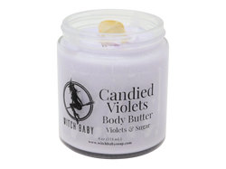 pale violet colored body butter topped with citrine in a 4 oz glass jar with clear label that reads: Candied Violets Body Butter. Violets & Sugar.  