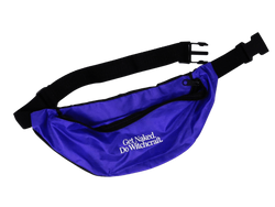 Photo of a royal purple fanny pack with adjustable black straps and plastic clips that reads "Get Naked. Do Witchcraft'"