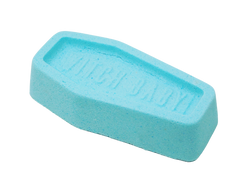 baby blue coffin bath bomb with the words 'witch baby' embedded on top