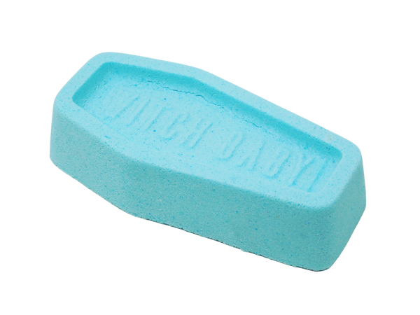 baby blue coffin bath bomb with the words 'witch baby' embedded on top