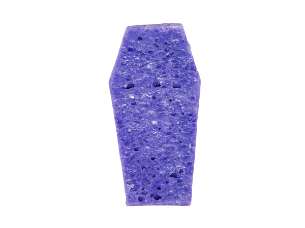 Purple sponge shaped like coffin. 