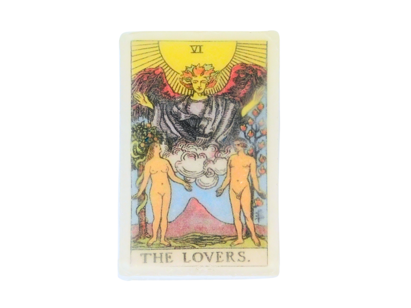 Rectangle shaped white soap with the lovers tarot card picture on top. 