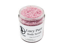 speckled pink sugar scrub in 8 oz glass jar with white label that reads: Lucy Purr Body Scrub. Ginger Ale & Cherries.