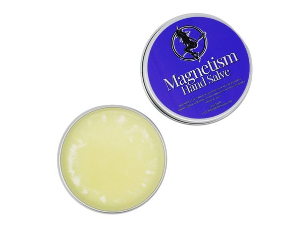 photo of magnetism hand salve packaged in a 2 oz aluminum tin with a purple label that reads Magnetism Hand Salve with the ingredients listed below.