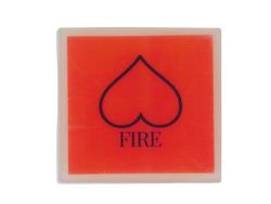 square soap with a red background behind a black outline of an upside down heart with the text FIRE beneath it.