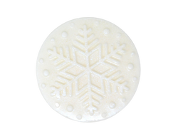 Snow white glitter covered Sparkling Snow shea butter soap displayed on a white background with the design of a snowflake on top 