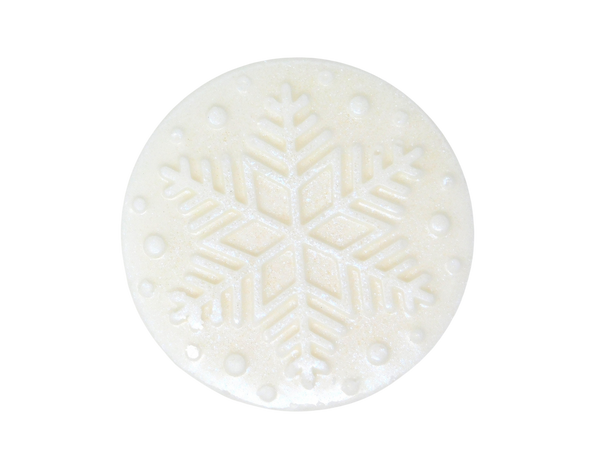 Snow white glitter covered Sparkling Snow shea butter soap displayed on a white background with the design of a snowflake on top 