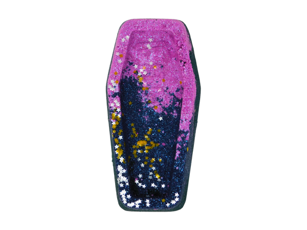 pink, purple, and black coffin shaped bath bomb with gold and silver stars on top and iridescent glitter