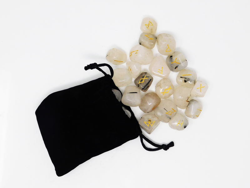 Tourmalinated quartz set (25 crystals) of elder futhark rune stones