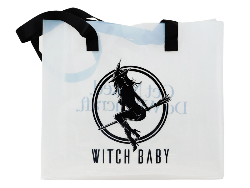 witch baby logo on one side of purple translucent tote bag with black handles